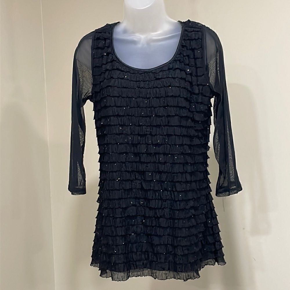 NWOT New Directions Black Layered Sequin Sheer Blouse.  Size PXL XLP
